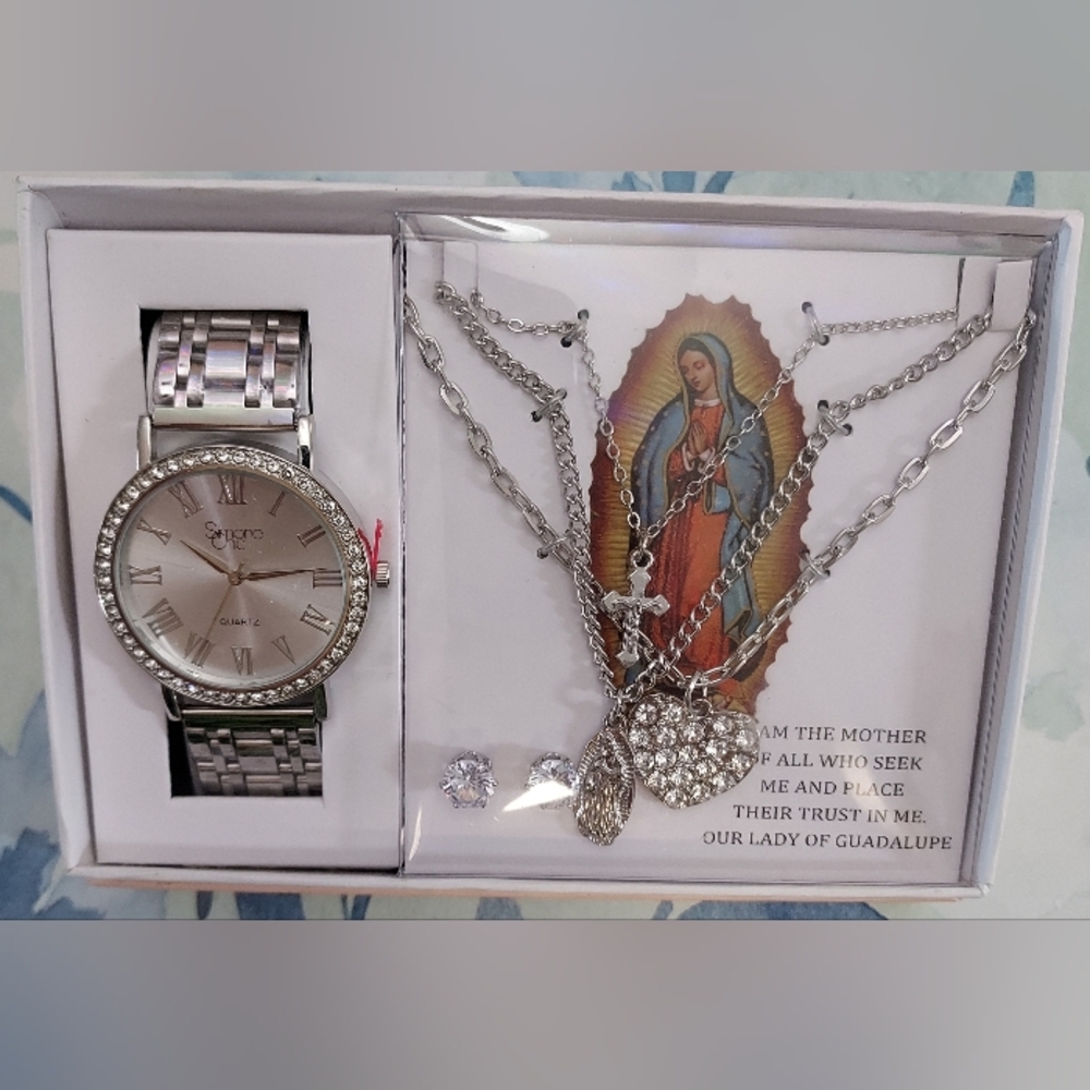 Geneva Silver Watch and Necklace Set